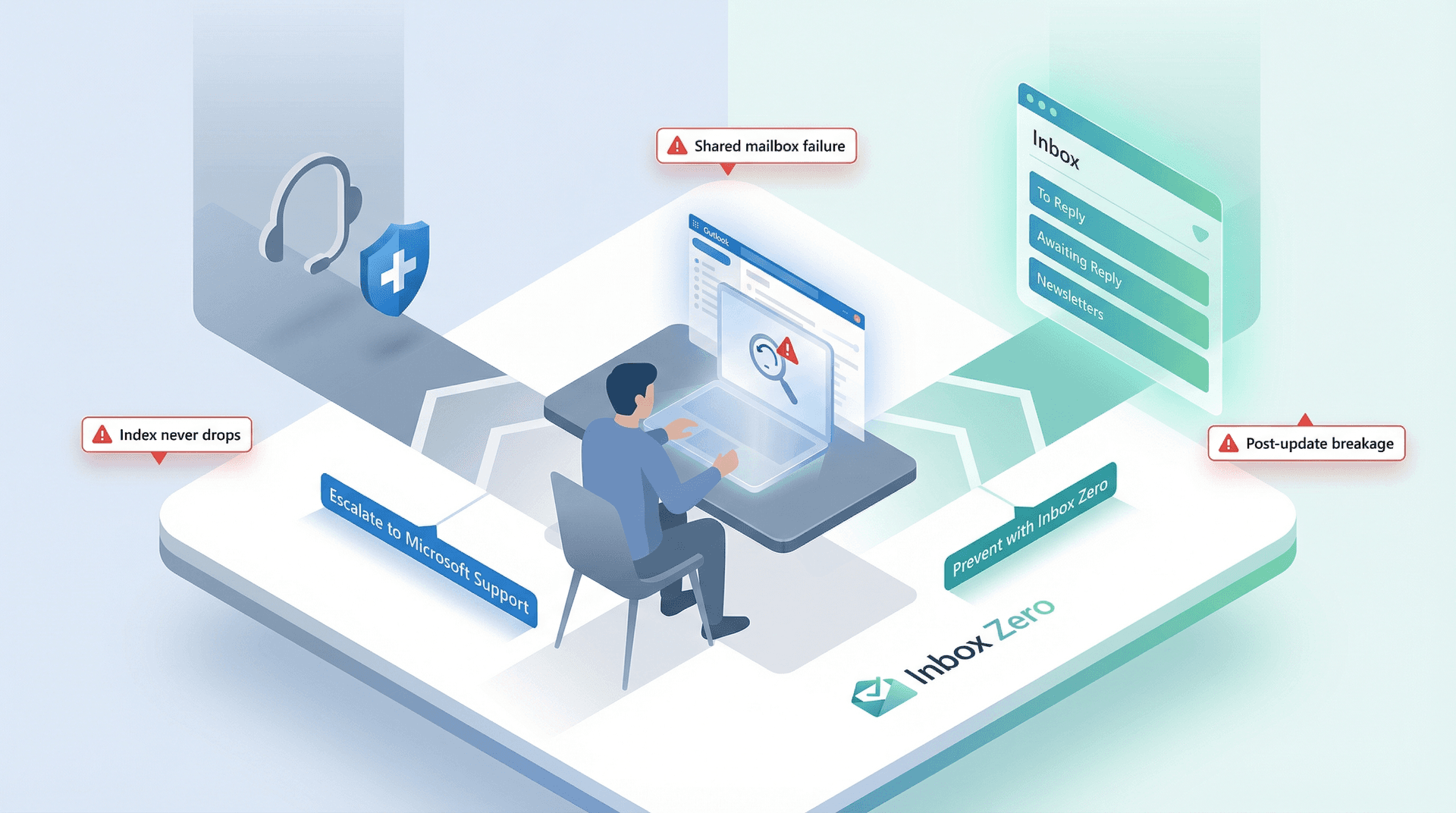 Decision fork illustration showing when to escalate Outlook search issues versus preventing inbox chaos with a better system