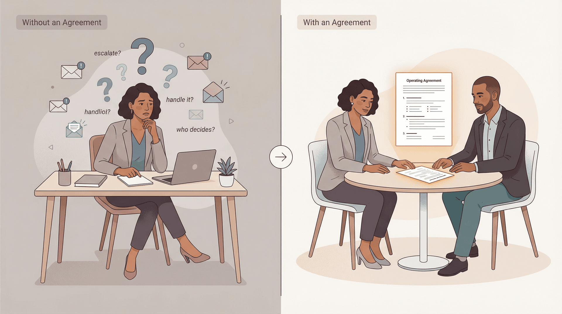 EA guessing alone amid email chaos vs. EA and executive reviewing a written executive inbox operating agreement together