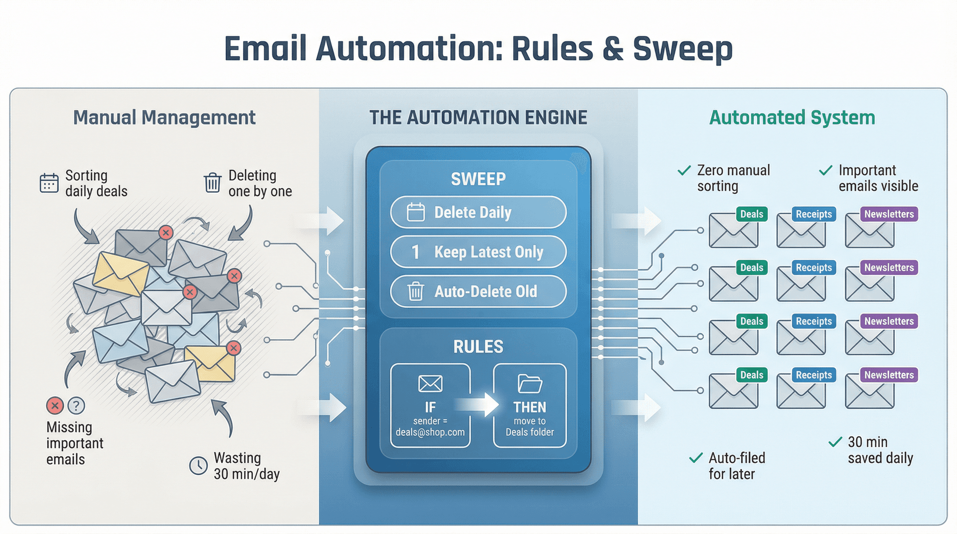 Split-panel infographic comparing manual email management versus automated Outlook Rules and Sweep workflows