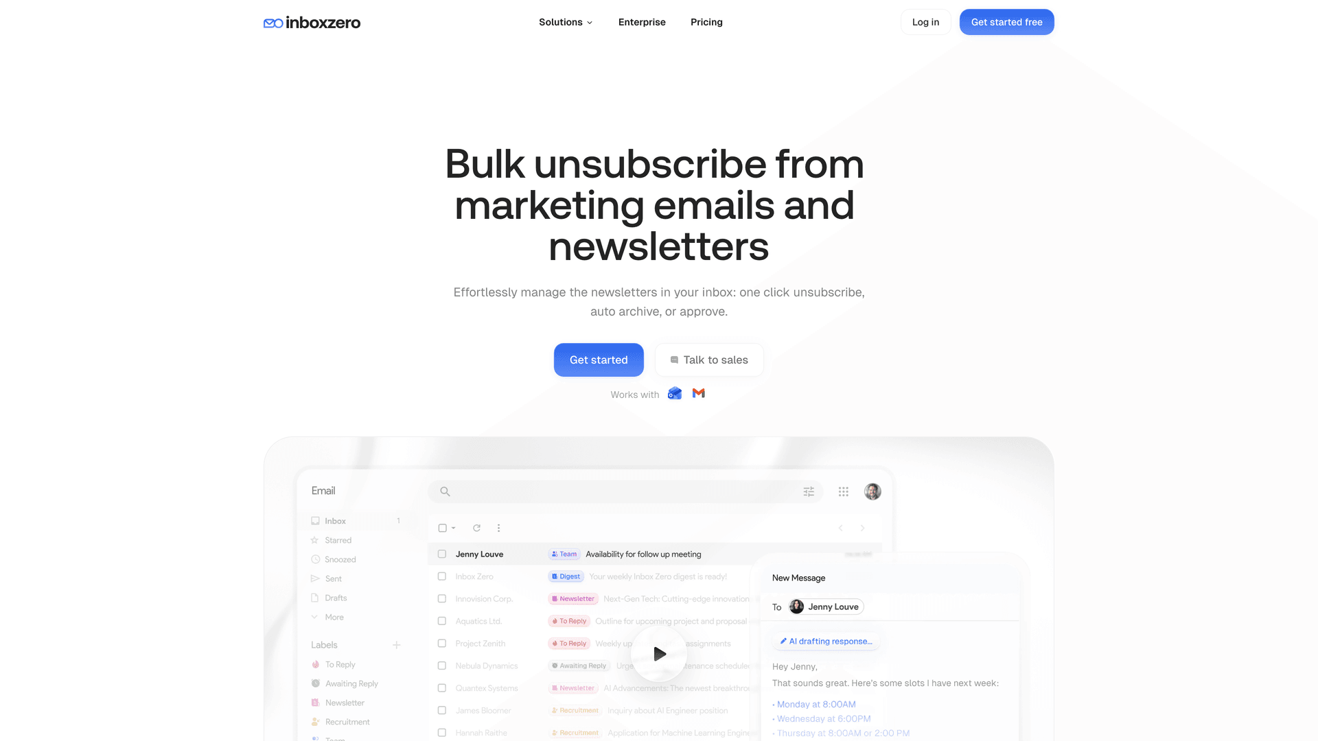 Inbox Zero bulk unsubscriber page showing one-click unsubscribe from marketing emails and newsletters