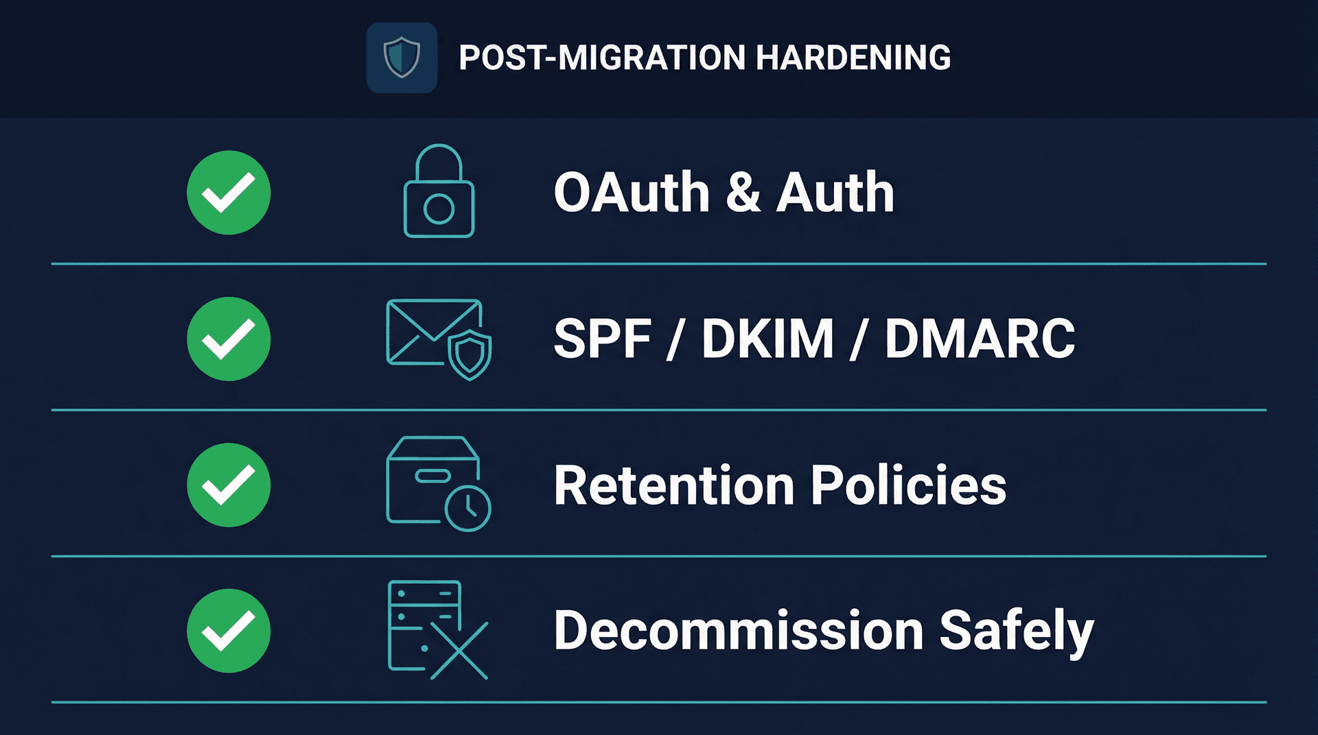 Post-migration security hardening checklist showing four layers: OAuth auth, SPF/DKIM/DMARC, retention policies, and decommission steps