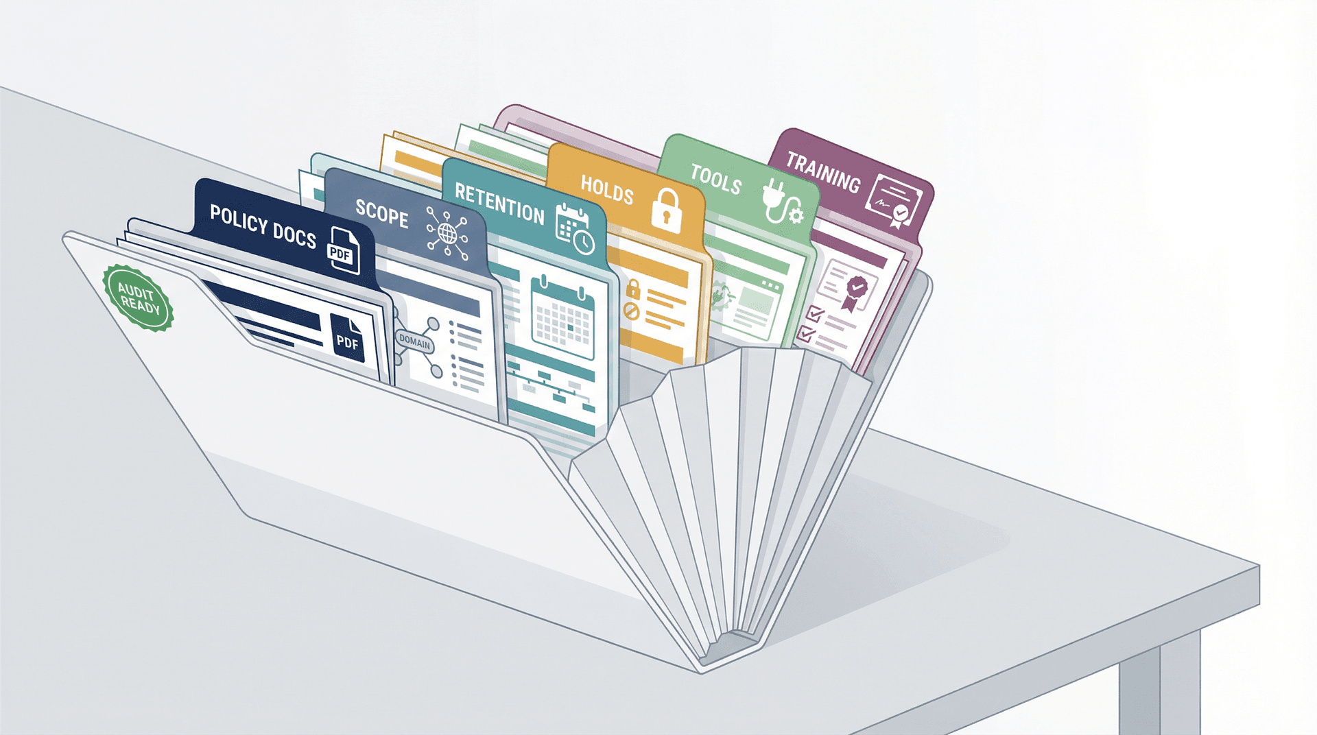 Enterprise email governance evidence pack: organized compliance folder with six labeled divider tabs for audit readiness