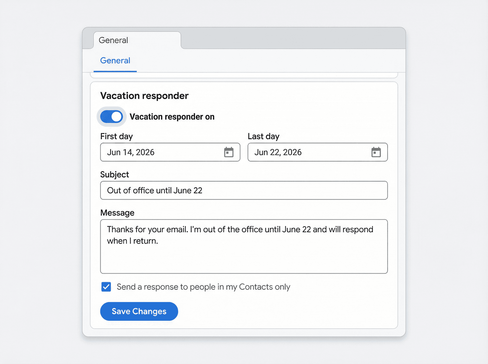 Gmail Settings General tab with Vacation responder toggled on, dates set, subject and message filled in, and Save Changes button visible