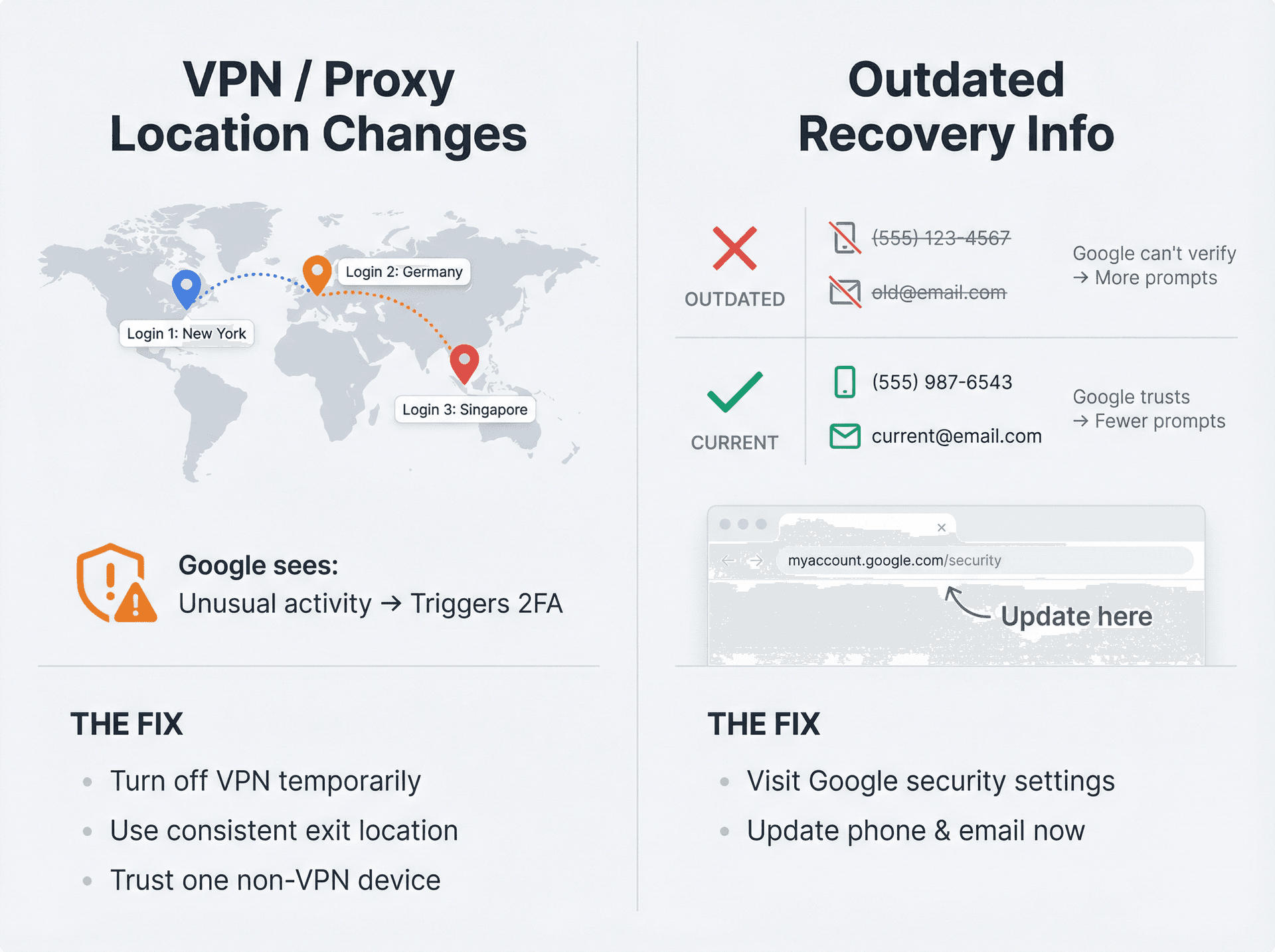 Split-panel diagnostic showing how VPN location changes and outdated recovery info both trigger repeated Gmail 2FA prompts